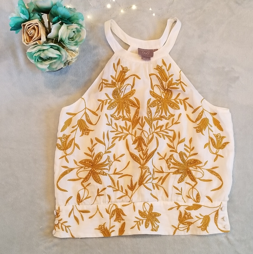 Anthropologie Vanessa Virginia Gold Embroidered